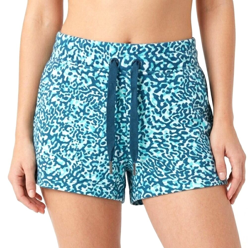 ATHLETA Shorts Soft Shortie Teal Blue Camo Pocket Drawstring Women Small Petite